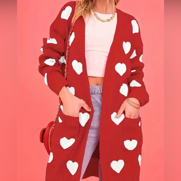 Sweaters - Cable Knit Red & White Heart Cardigan